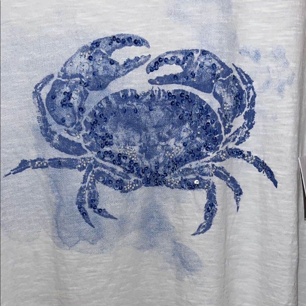 J JILL NWT M STUNNING Women's White Tank Top with Blue Crab Design - Picture 2 of 6